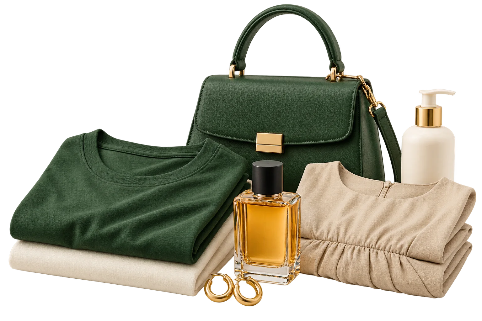 Clothing, a handbag, perfume, earrings and body lotion arranged together