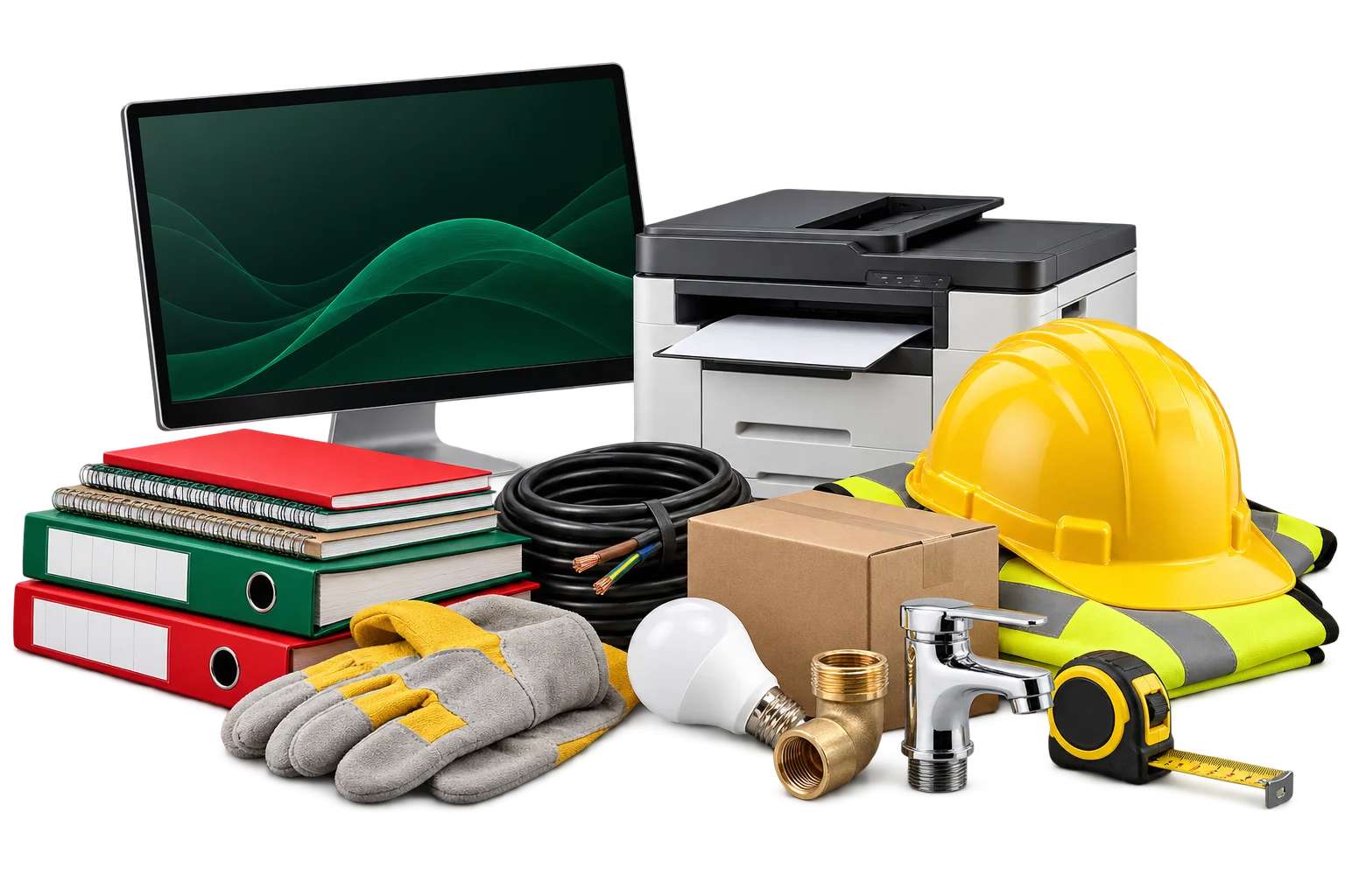 A monitor, printer, office files, safety equipment, electrical cable and plumbing supplies arranged together