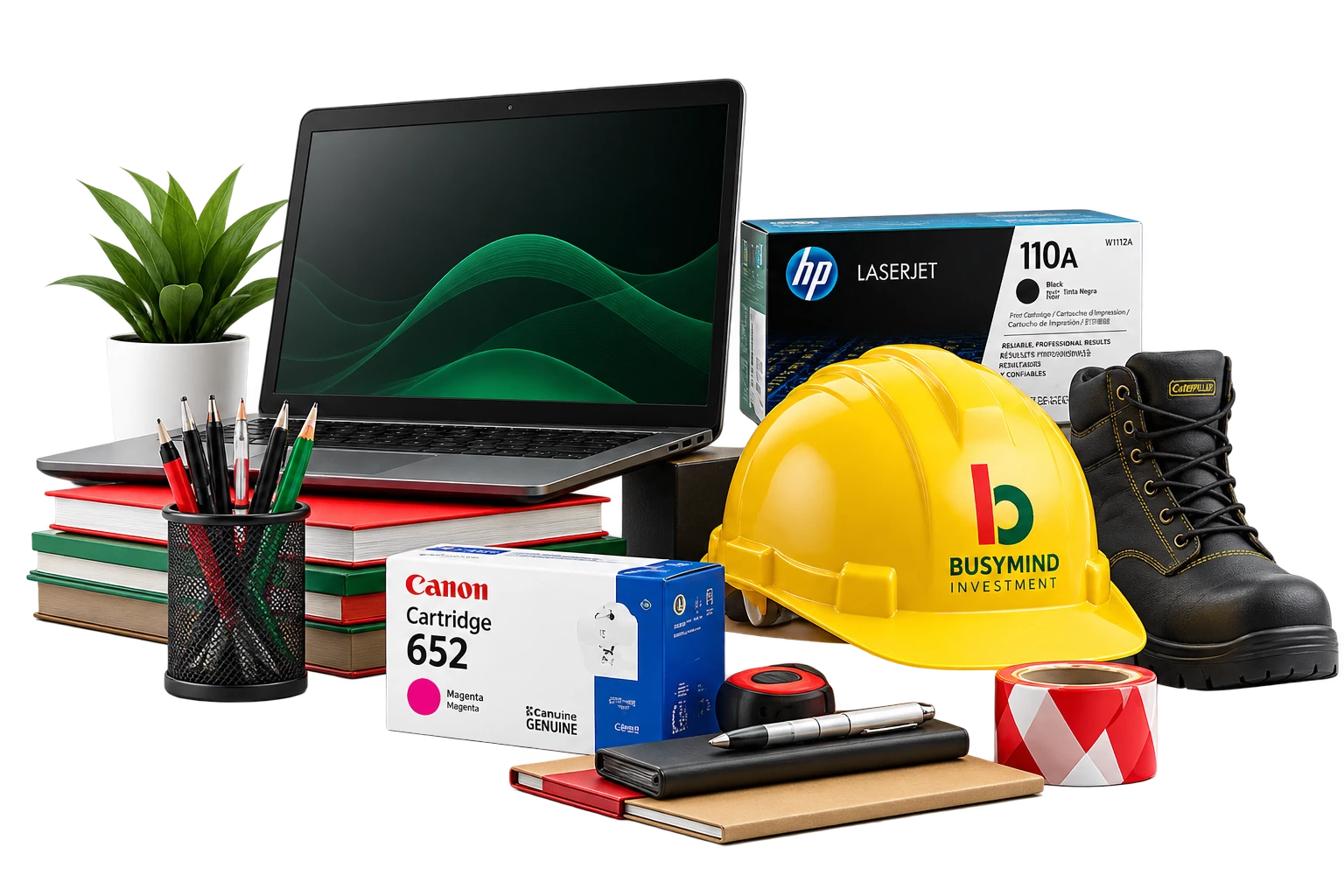 A laptop, stationery, printer supplies, safety helmet and work boot arranged together