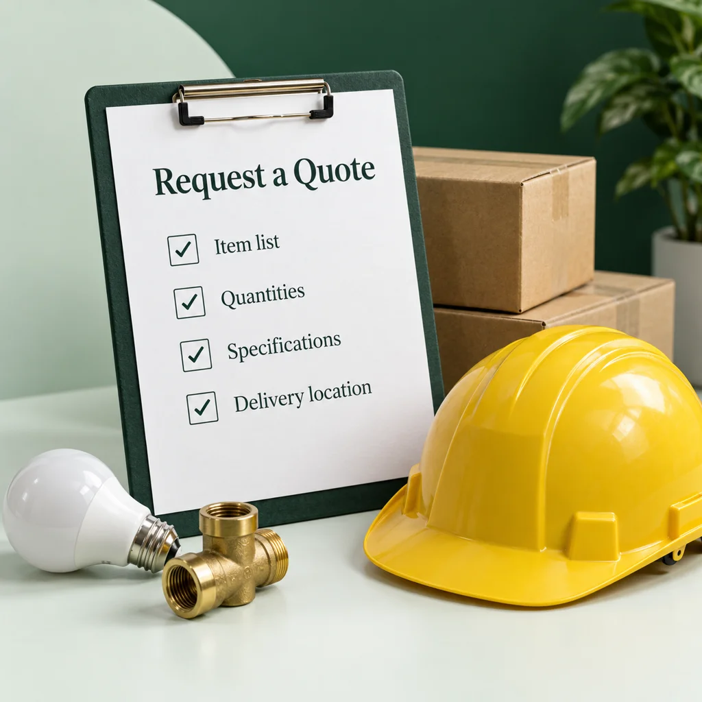Quote checklist with a safety helmet, shipping boxes, light bulb and plumbing fitting